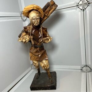 Vintage Mexican Folk Art Paper Mache Figurines Old Man Carrying Wood Logs 13”